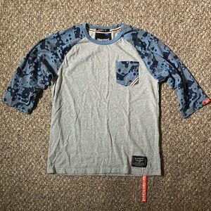 Standard & Grind Mens T-Shirt L Camo Grey Blue Pocket 3/4 Sleeves Skate Baseball